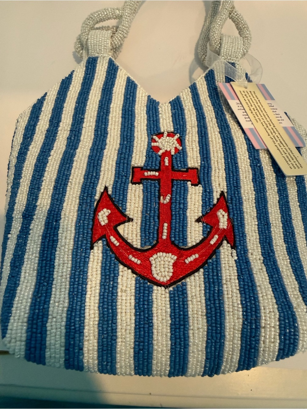 * Blue & White Striped Beaded Bag with Red Anchor Accent (read description)